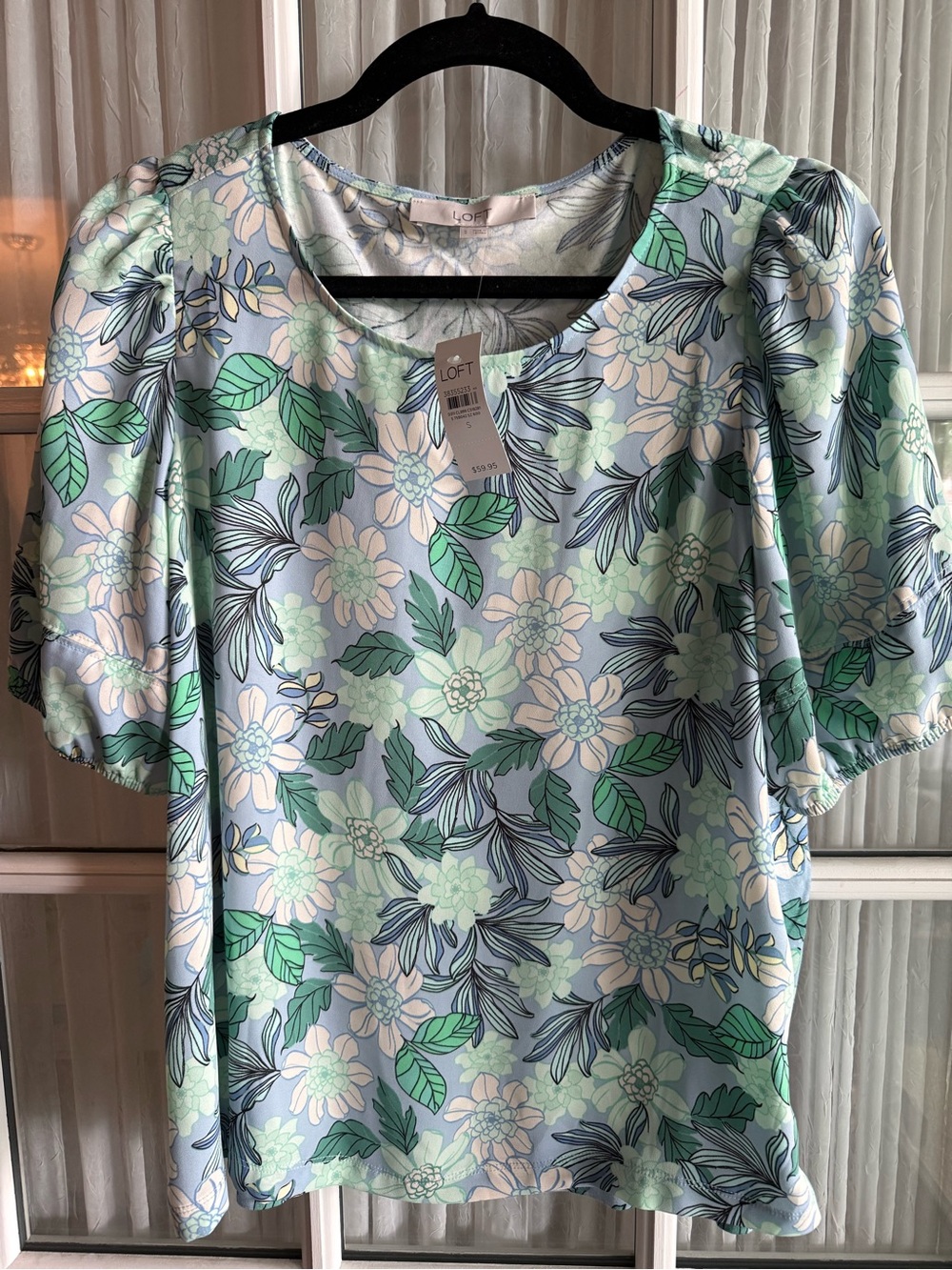 LOFT Women's Floral Puff-Sleeve Top Light Blue Mint Sz S Blouse